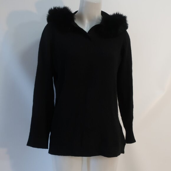 Womens Qi Cashmere Black Pure Cashmere Dyed Fox Fur Hood Trim Pullover Sweater M - Picture 1 of 16